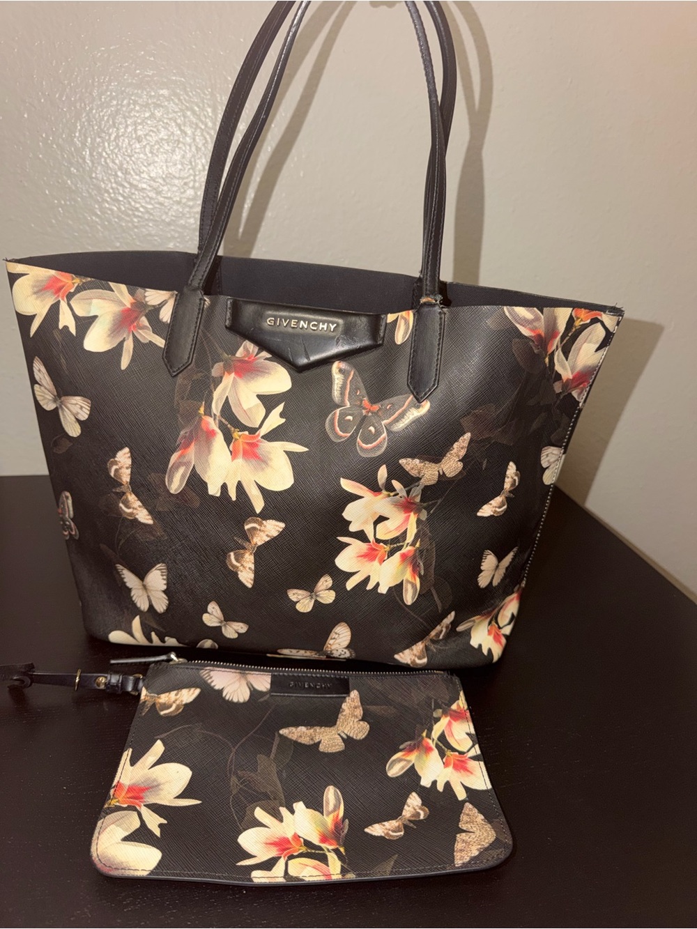 Givenchy Black Floral & Butterfly Tote with Matching Pouch